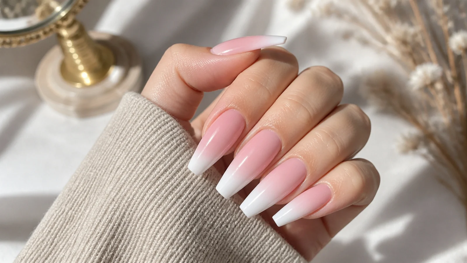 Long coffin nails in a pink to white baby boomer fade with a flat tapered tip