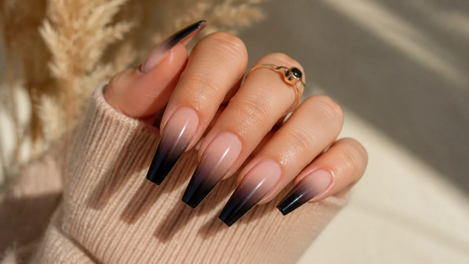 Long coffin nails fading from nude at the cuticle into deep black at the tip