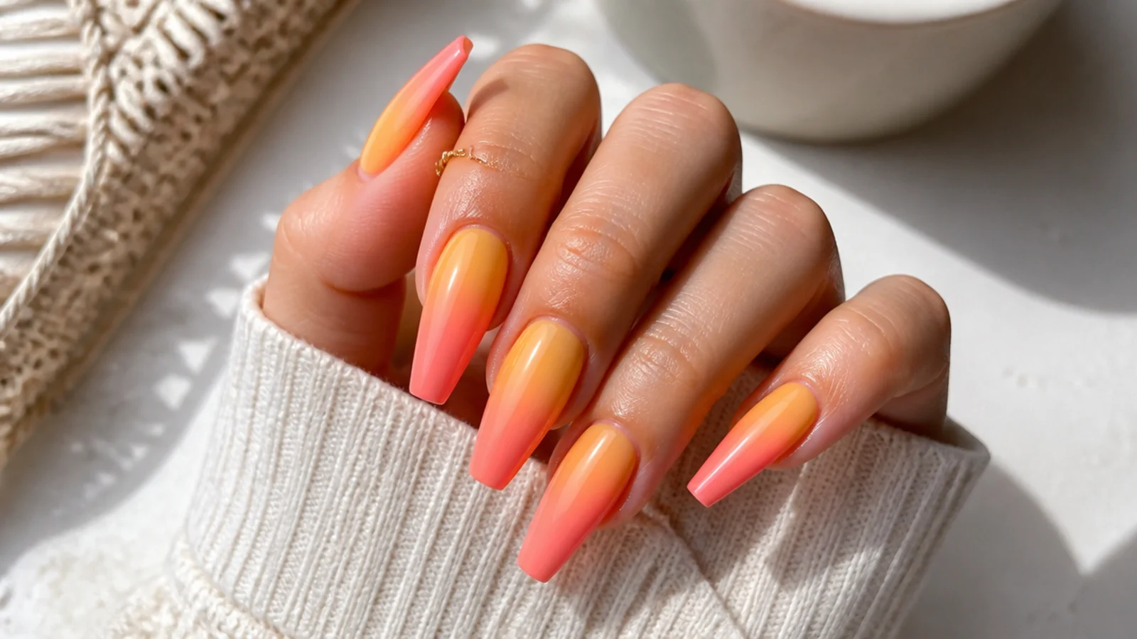 Long coffin nails blending yellow into orange and pink like a sunset gradient