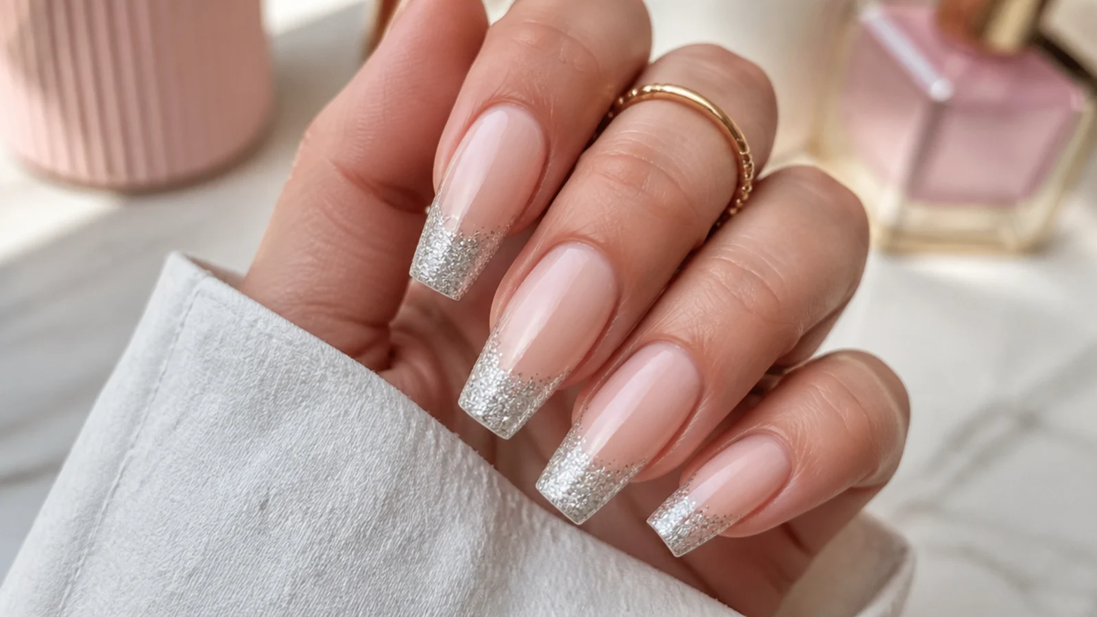 Long coffin nails with a silver glitter gradient densest at the flat tip