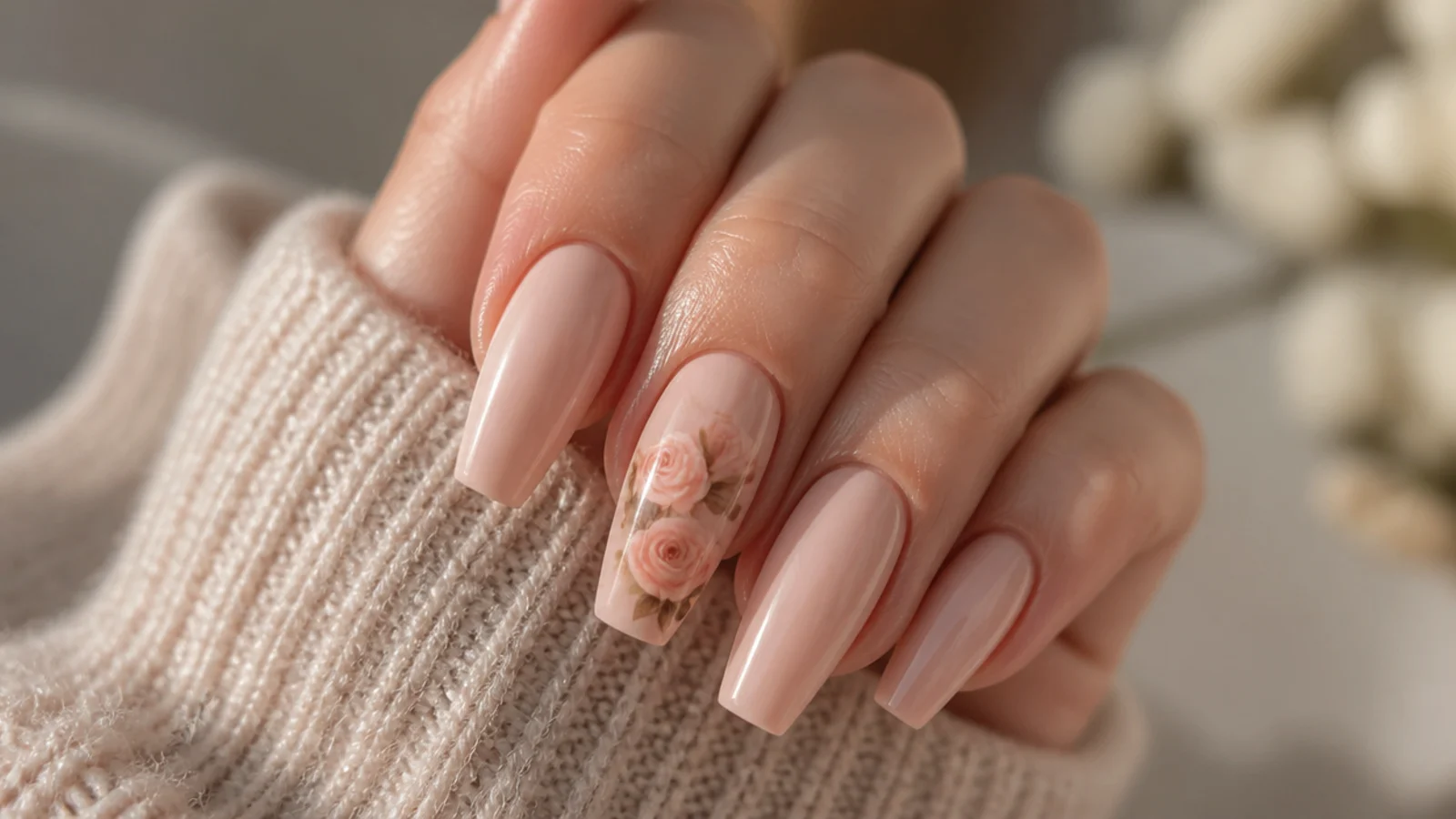 Long coffin accent nail with two hand-painted realistic roses on a nude base