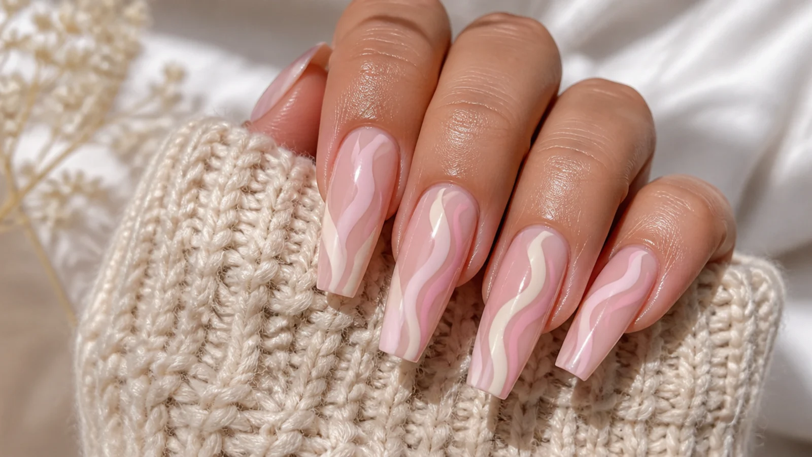Long coffin nails with wavy pastel swirl lines running the length of the nail