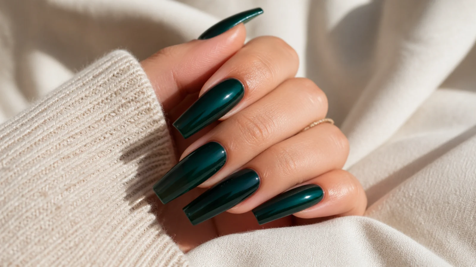 Long coffin nails in deep emerald green with a glassy jelly finish