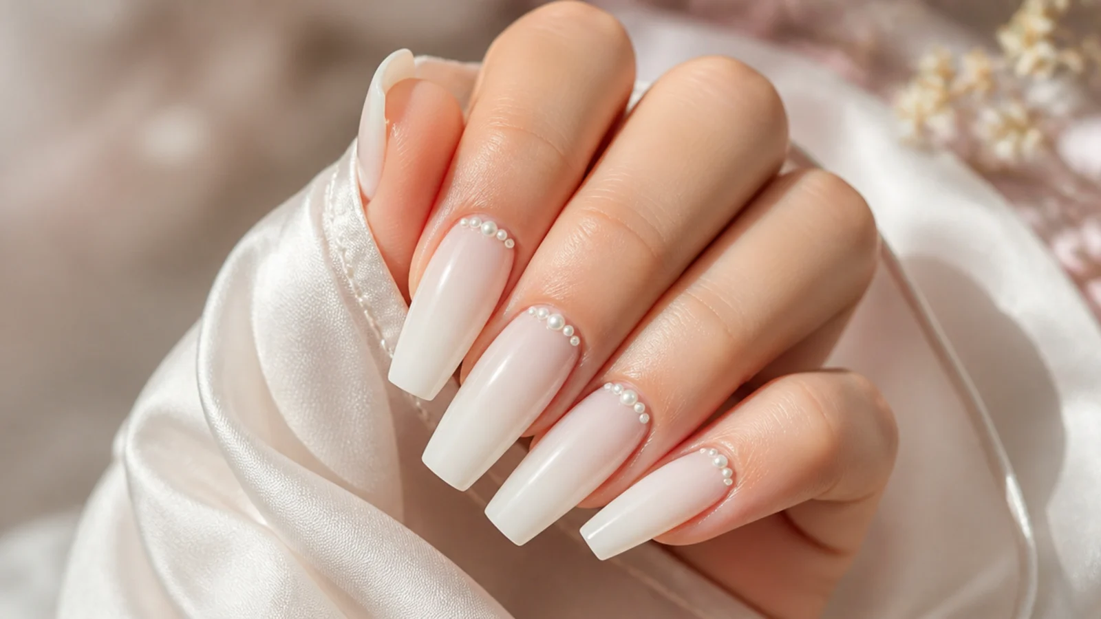 Long coffin bridal nails in sheer ivory with fine pearl detail near the cuticle