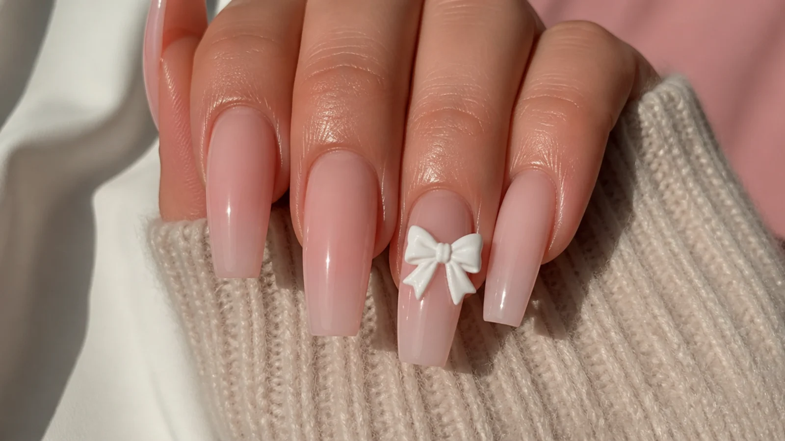 Long coffin acrylic nails with a sculpted white 3D bow on the accent nail