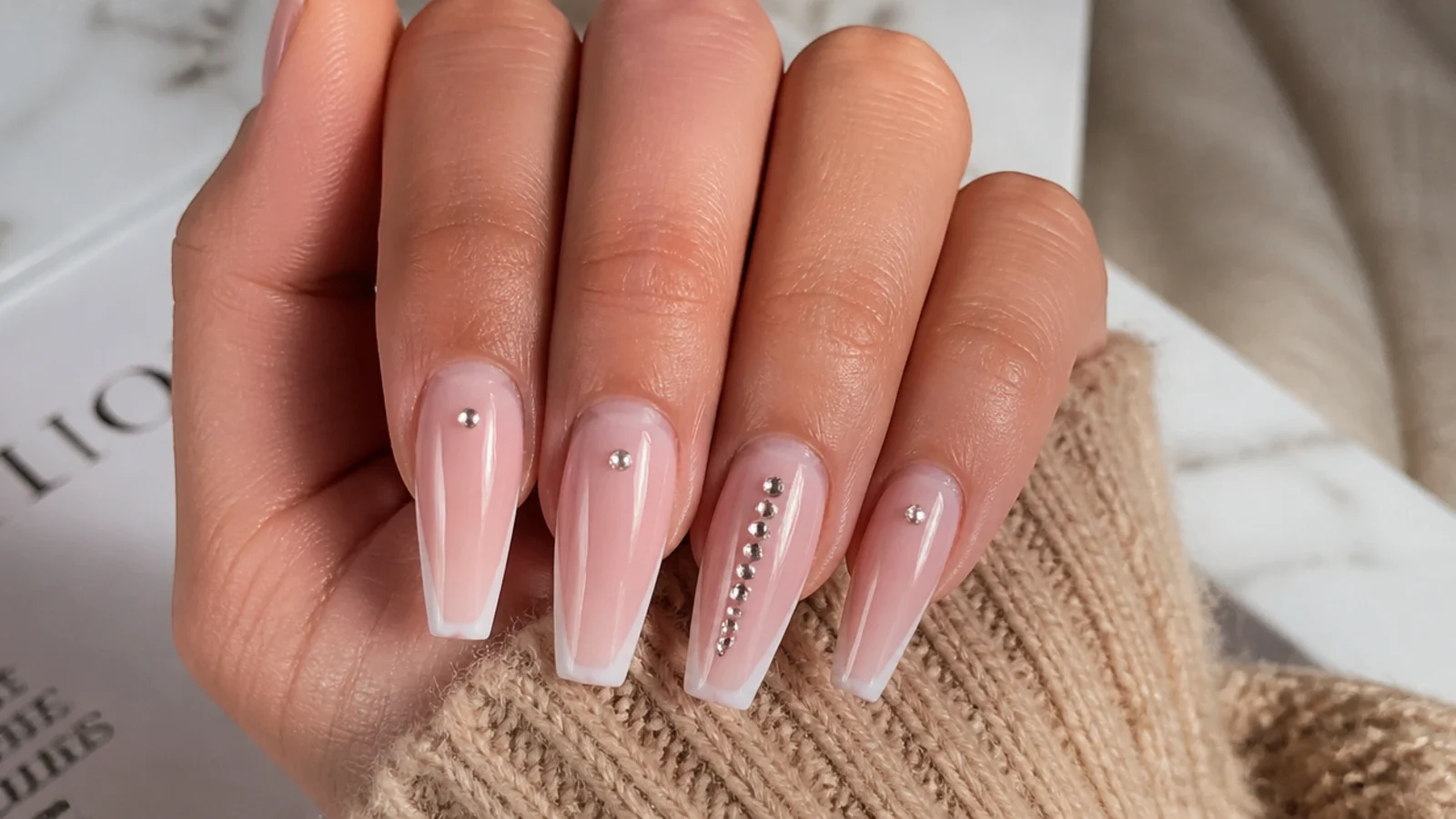 A long coffin nail set at three weeks showing visible cuticle regrowth before a fill