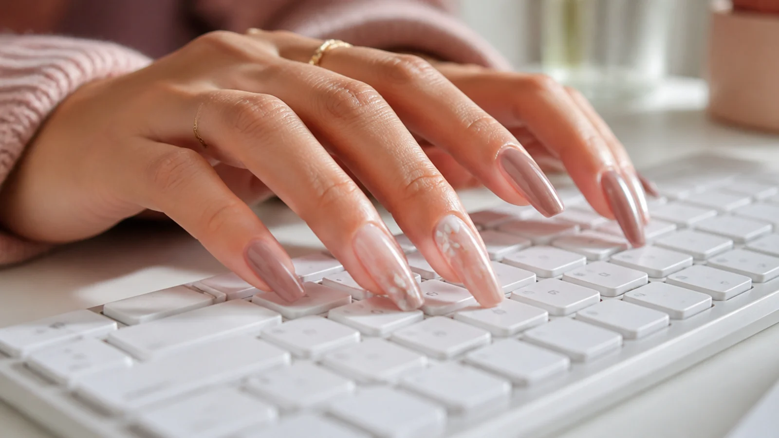 Hands with long coffin nails typing on a keyboard using the finger pads