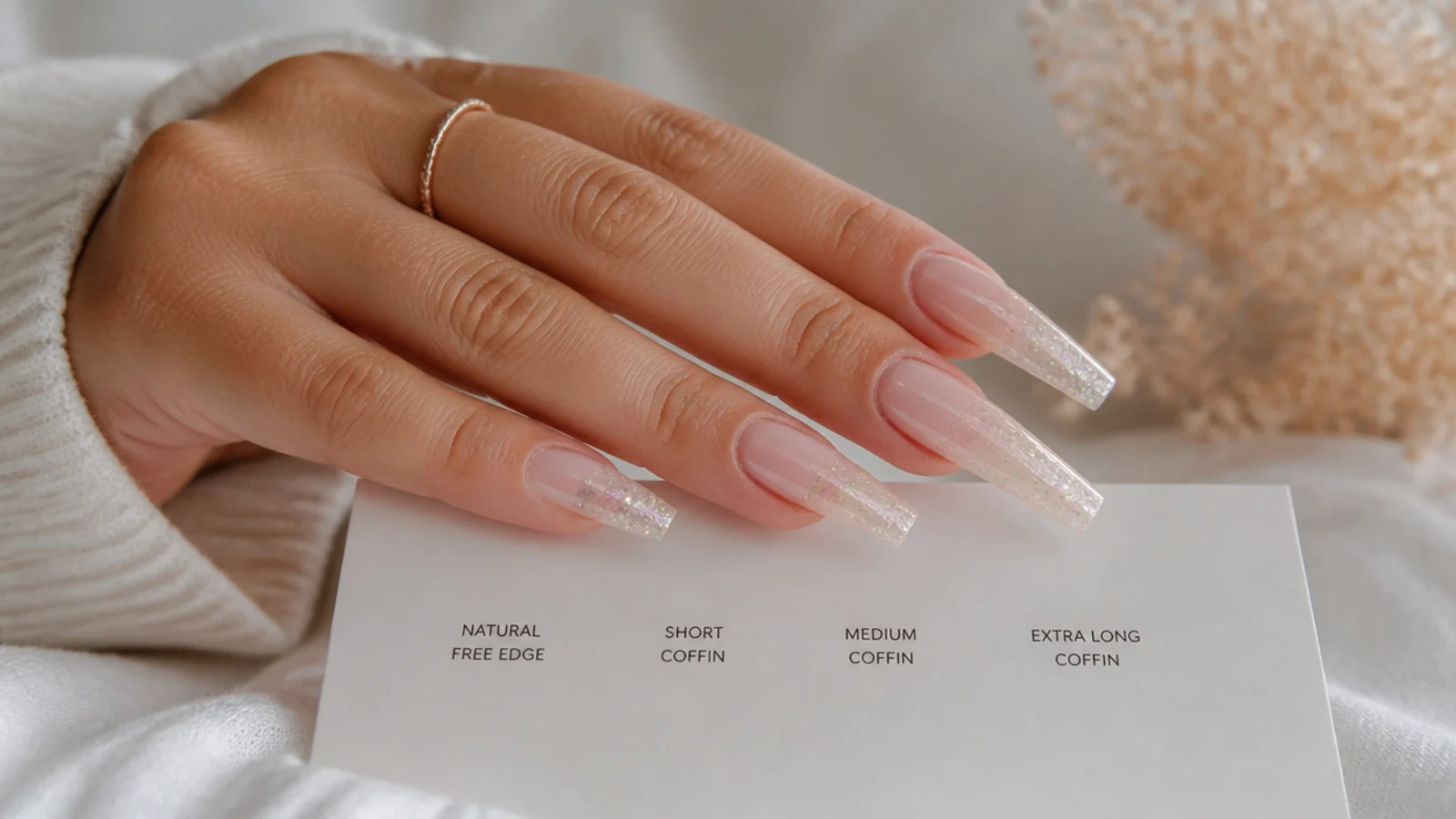 Four coffin nail lengths side by side from natural free edge to extra long extension