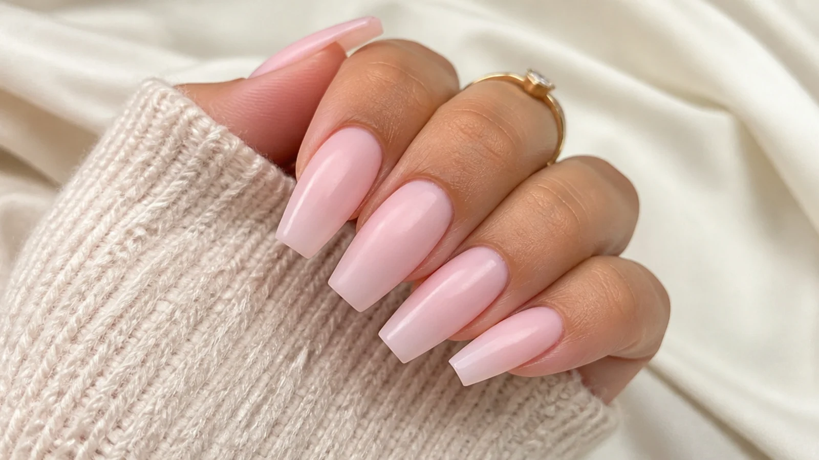 Milky pink coffin nails with a soft opaque finish and squared tip