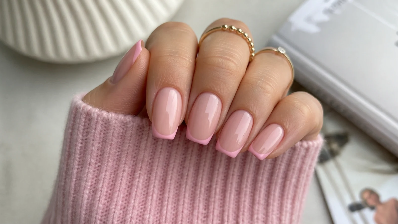 Micro french pink coffin nails with a hairline pink tip on short coffin