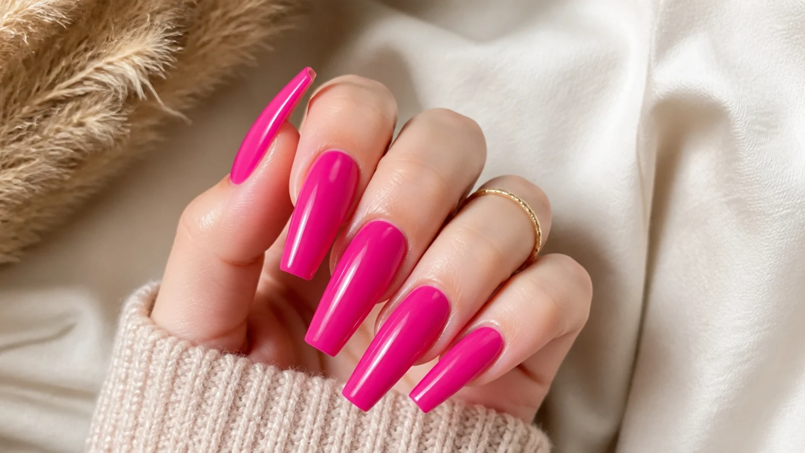 Hot pink coffin nails in glossy magenta on long tapered tips