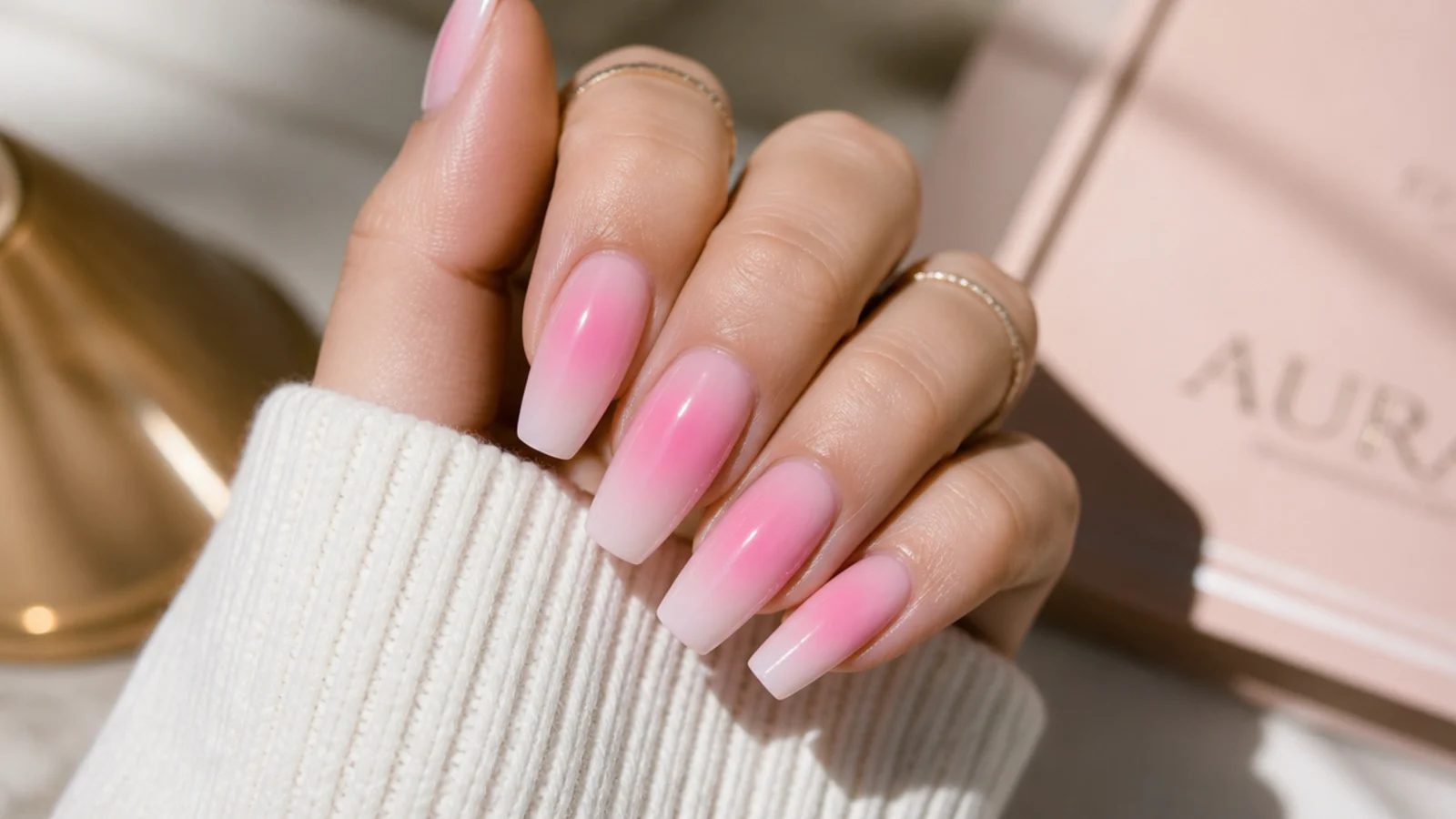 Pink aura coffin nails with an airbrushed pink halo glowing at the center