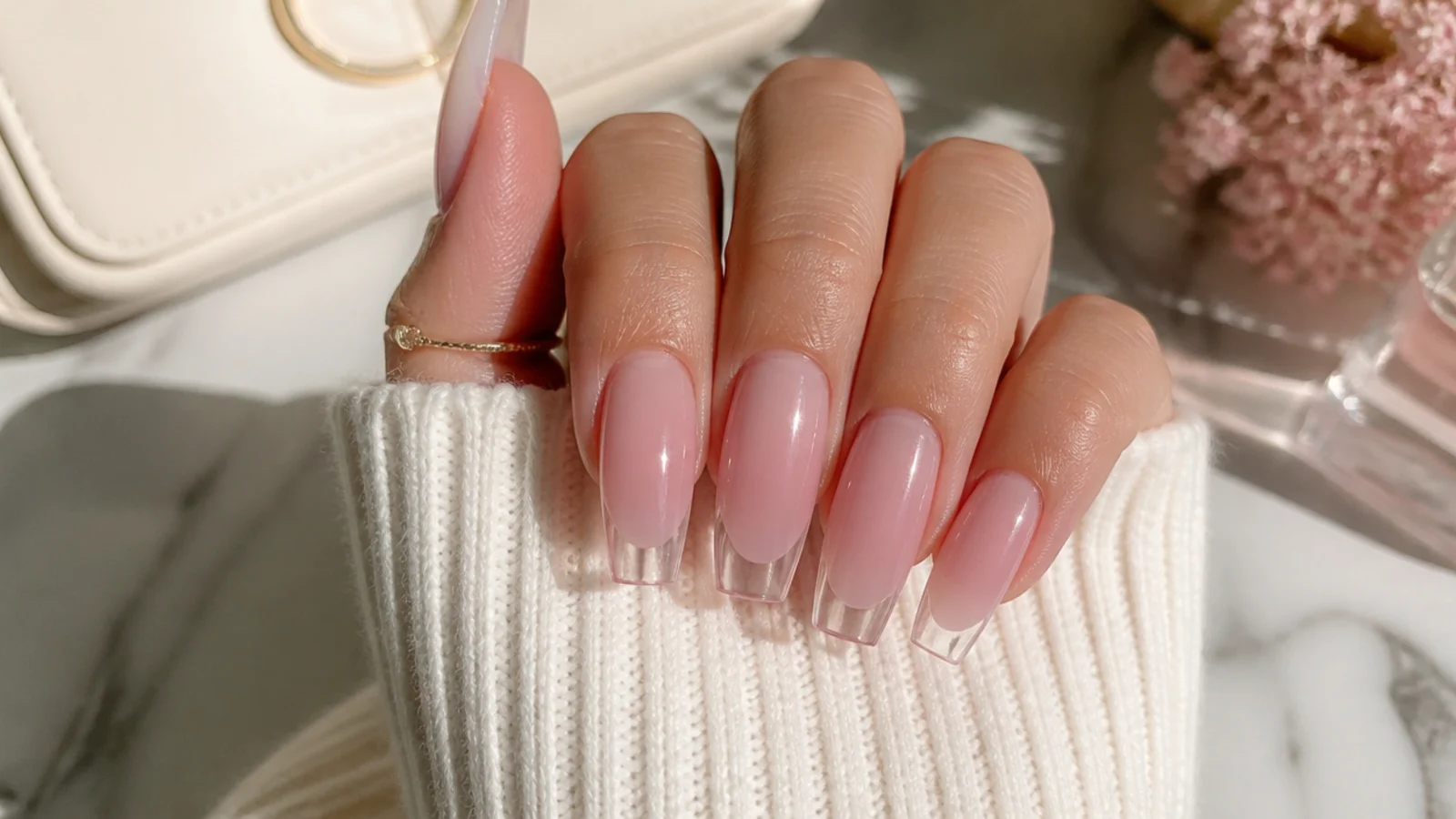 Cotton candy pink jelly coffin nails with a translucent glassy tip