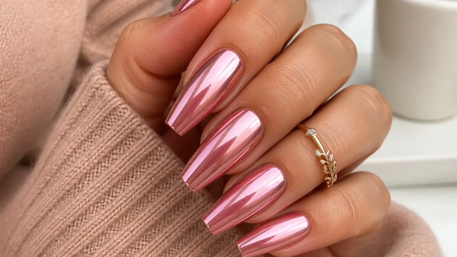 Pink chrome coffin nails with a rose mirror finish on tapered tips