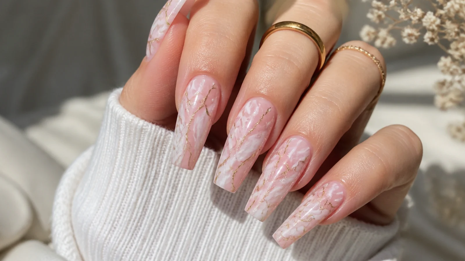 Pink marble coffin nails with white base and fine gold veining