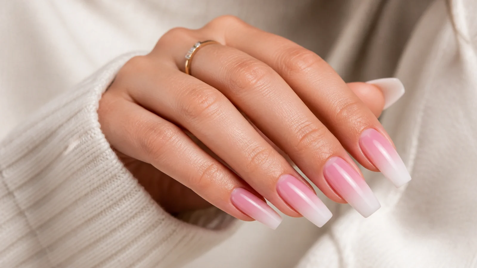 Pink and white ombre coffin nails fading from pink cuticle to white tip