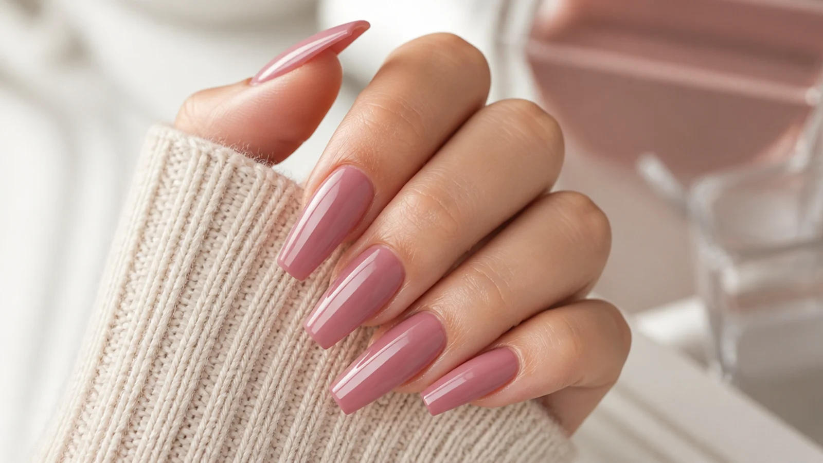 Dusty rose coffin nails in a muted mauve pink with a glossy flat tip