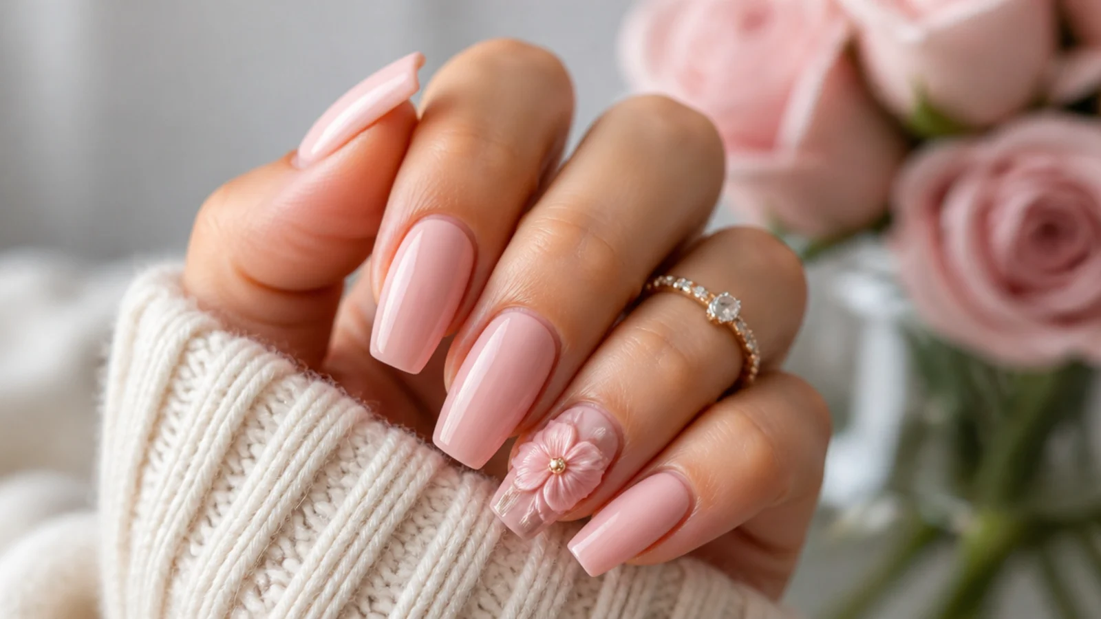 Blush pink coffin nails with a sculpted 3D flower on one accent nail