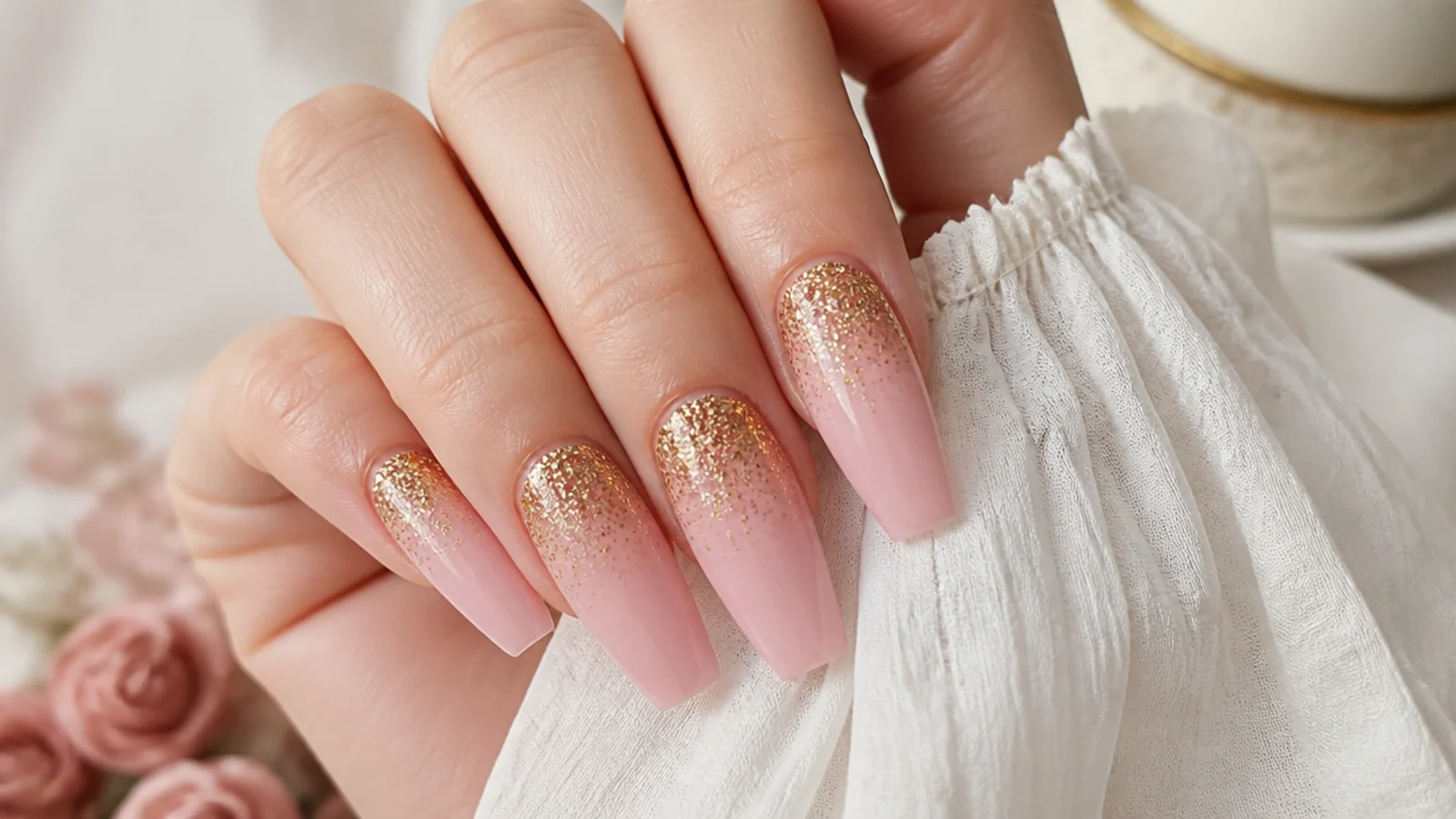 Pink coffin nails with gold glitter fading from the cuticle down the nail