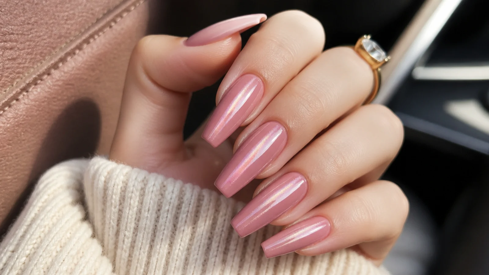 Pink cat eye coffin nails with a magnetic shimmer stripe down the center