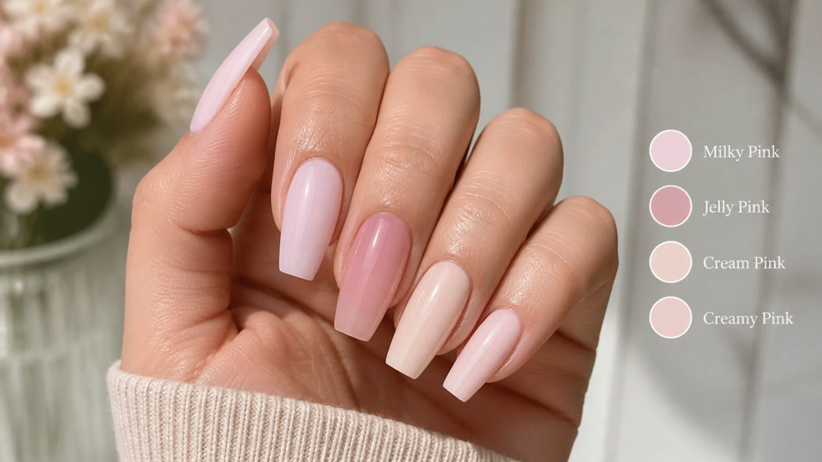 Milky pink, jelly pink and cream pink coffin nail finishes compared