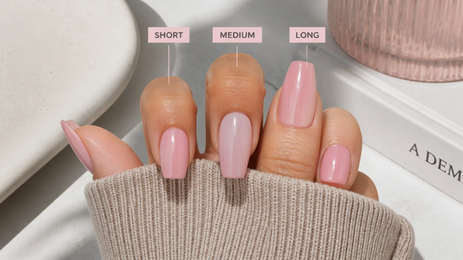 Short, medium and long pink coffin nails compared for taper visibility
