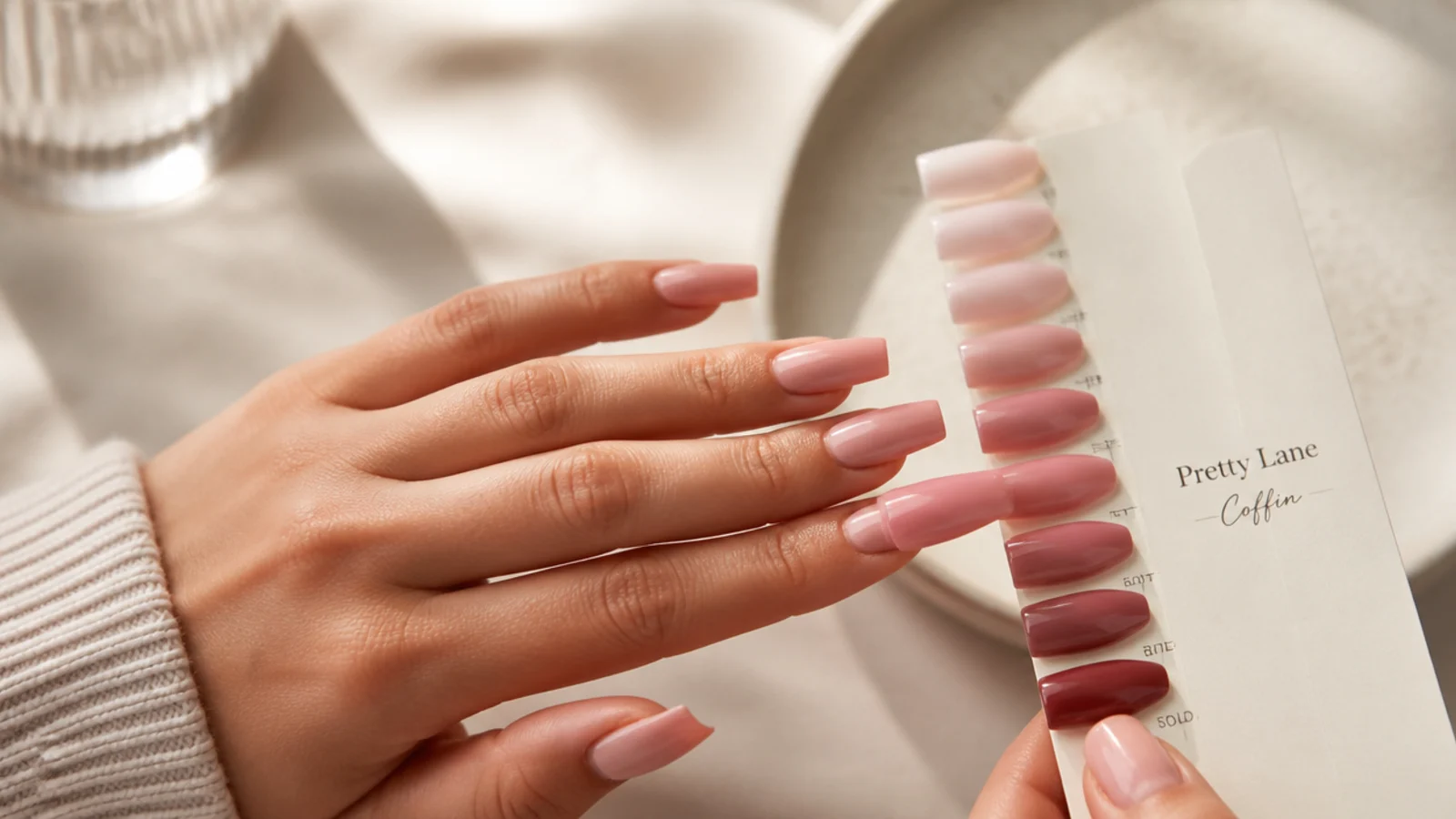 Pink coffin nail swatch cards and a shade being matched against a hand