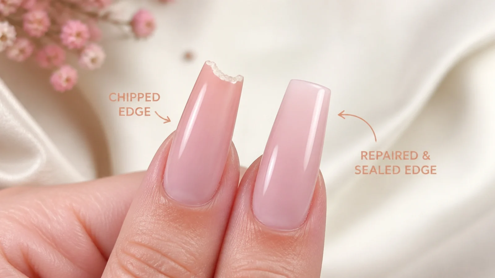 A pink coffin nail with a chipped flat tip beside a repaired sealed edge