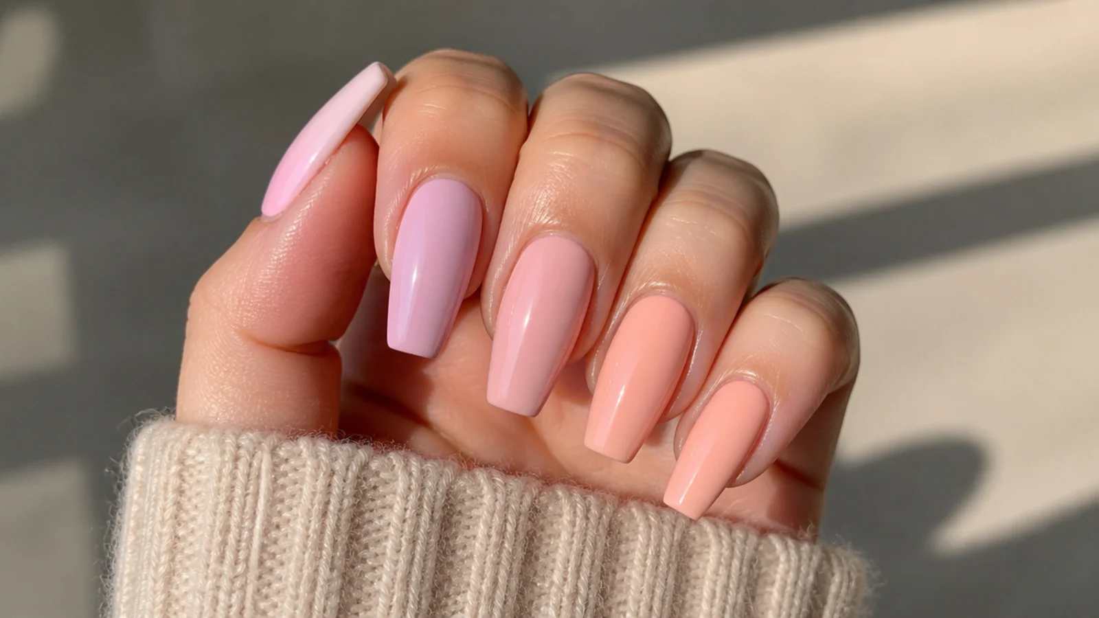 Cool blue-based pink and warm peachy pink coffin nail swatches side by side