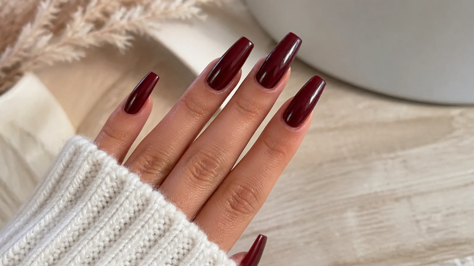 Deep oxblood red coffin nails with high gloss on long length