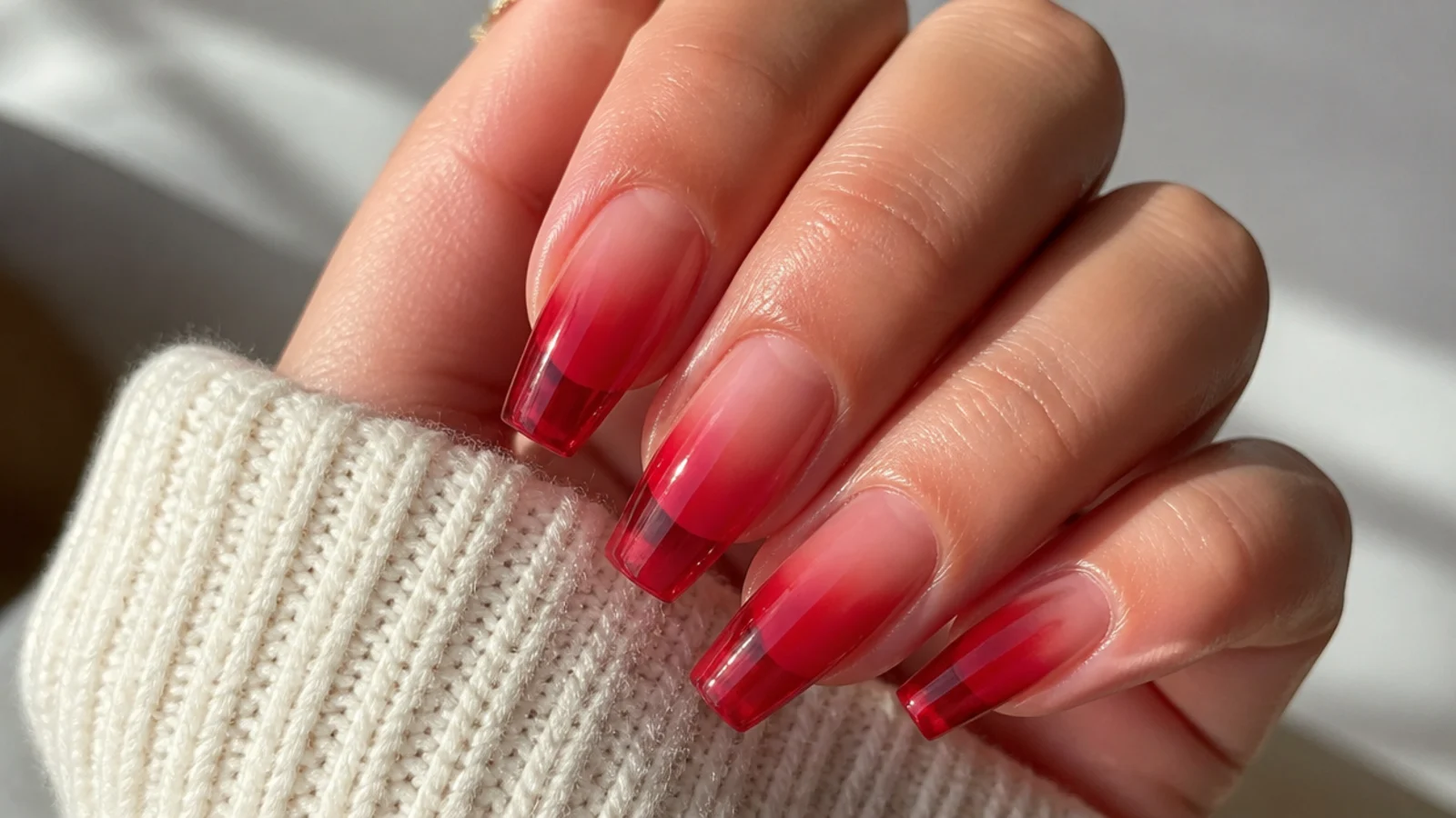 Sheer translucent jelly red coffin nails showing the natural nail through the tip