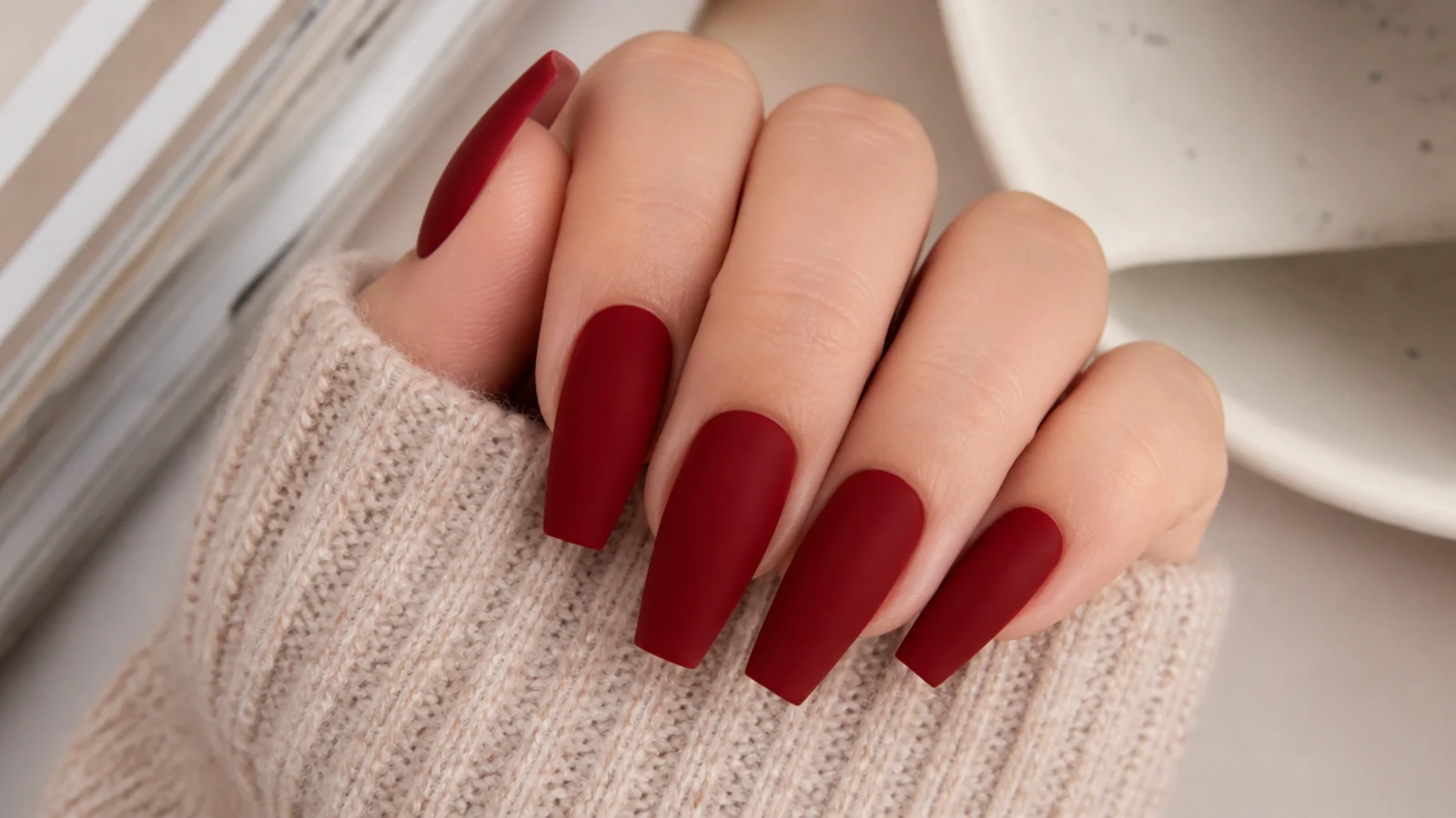 Matte deep blood red coffin nails with a velvet flat finish