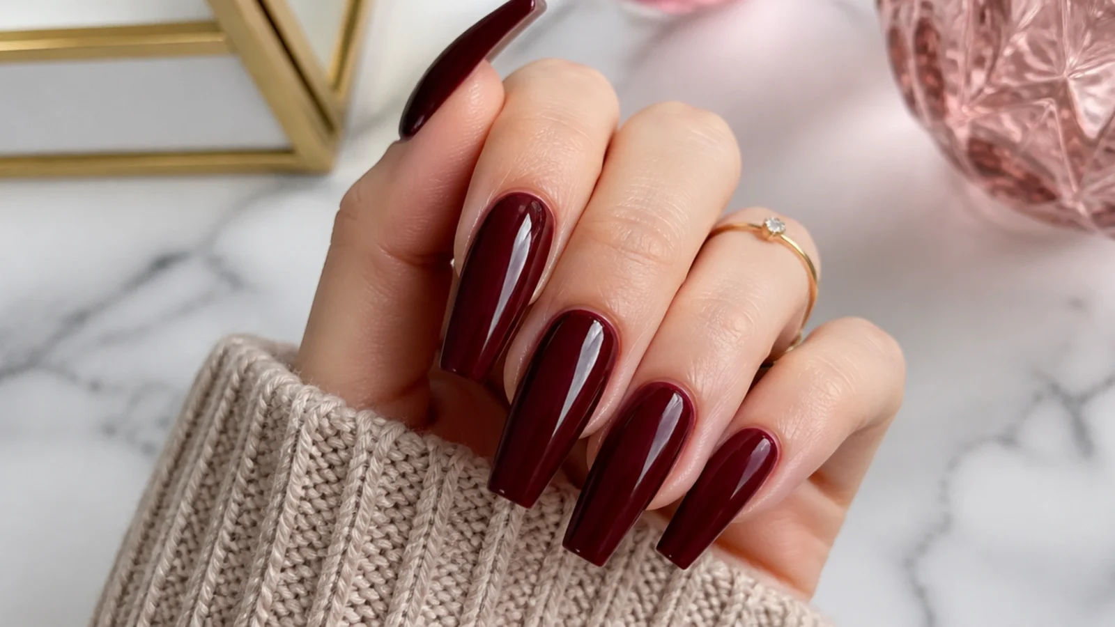 Deep burgundy wine red coffin nails on long length with high gloss