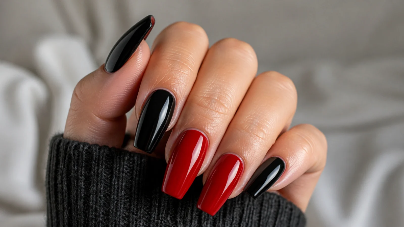 Alternating red and black coffin nails on medium length with high gloss
