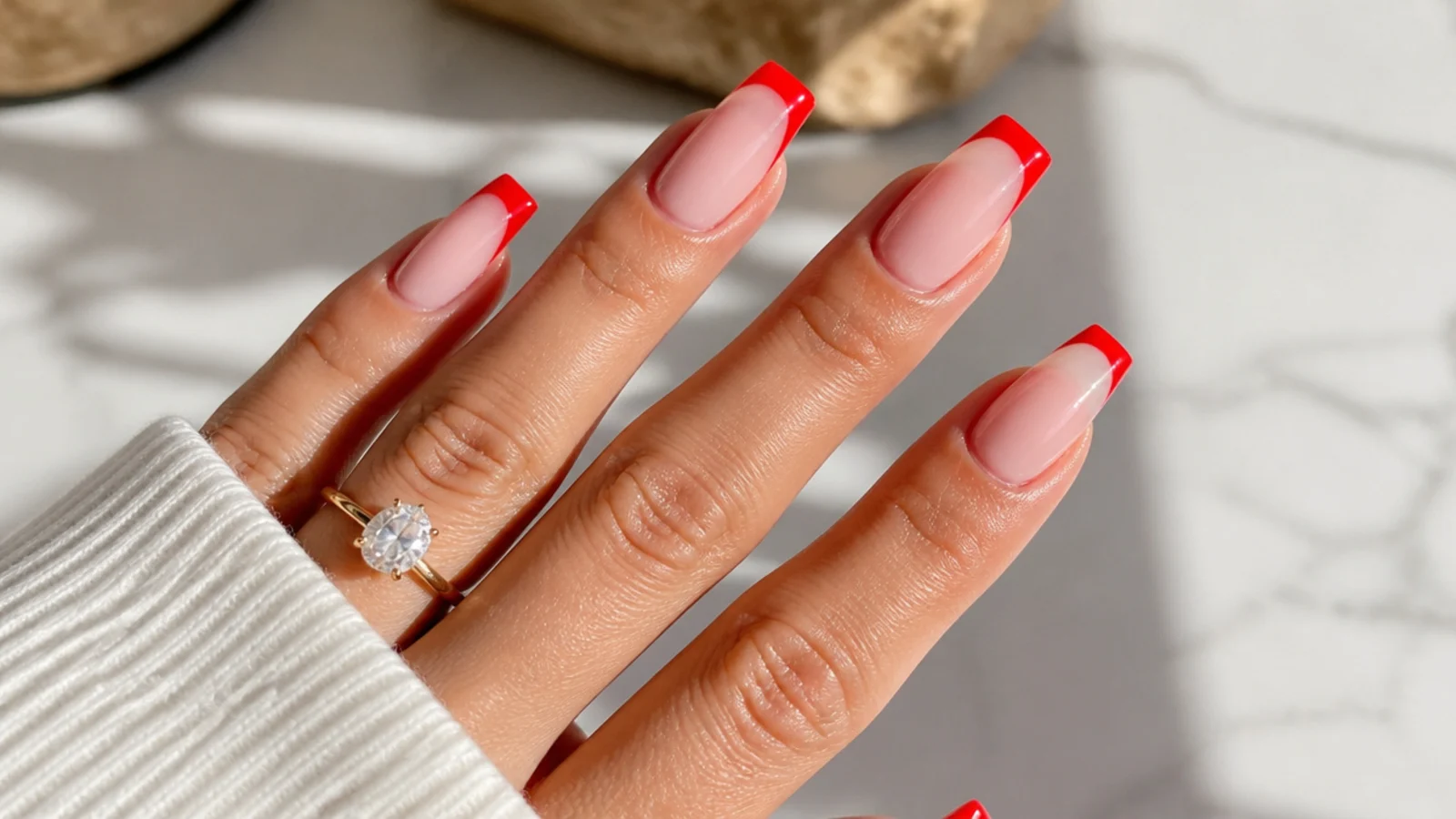 Sheer nude coffin nails with bright red French tips on the flat edge