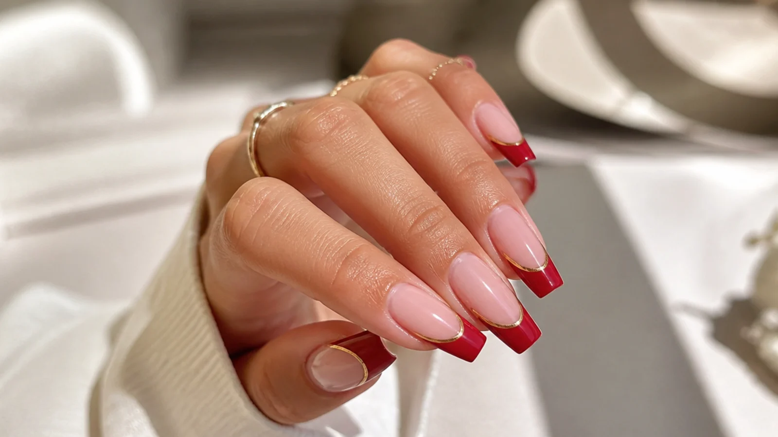 Coffin nails with a red French tip outlined by a thin gold second line