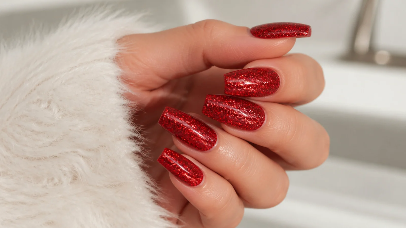 Red glitter coffin nails with dense fine sparkle on a red base