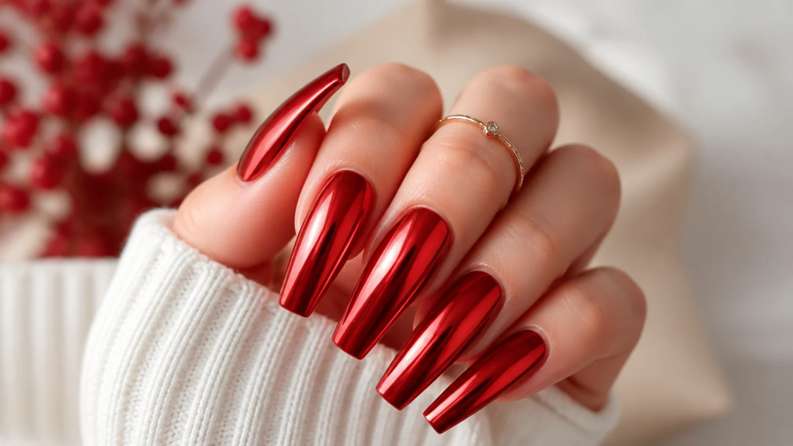 Metallic red chrome coffin nails with a mirror finish on long length