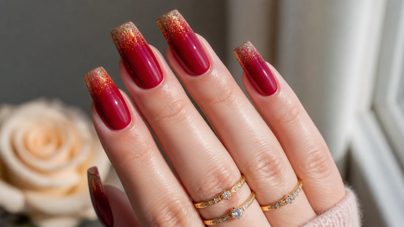 Red coffin nails fading into dense gold glitter at the flat tip