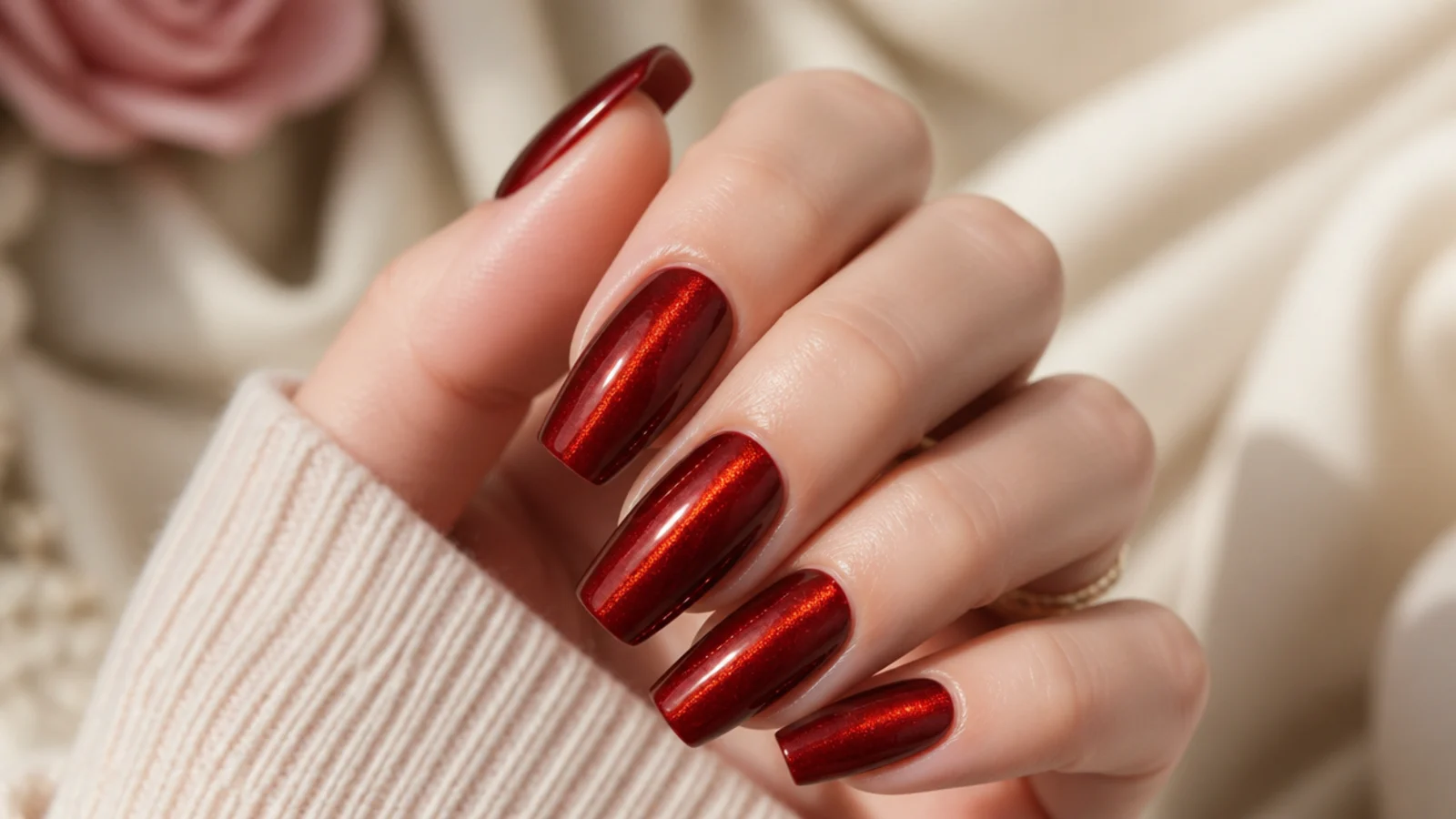 Red velvet cat eye coffin nails with a magnetic shimmer stripe down the center