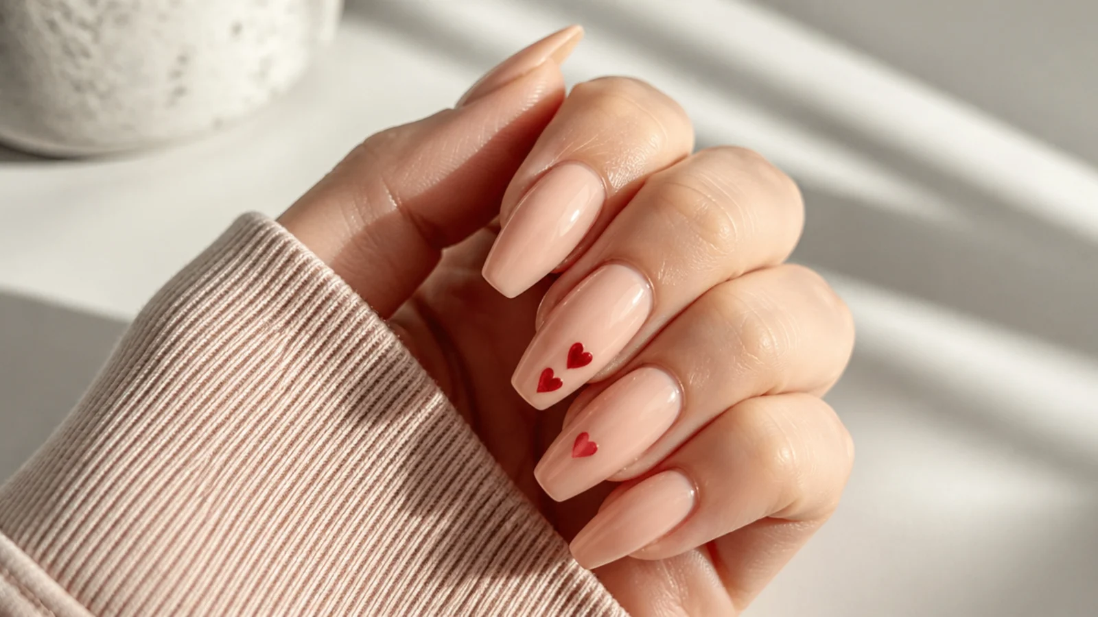 Nude coffin nails with small hand-painted red hearts on two accent nails