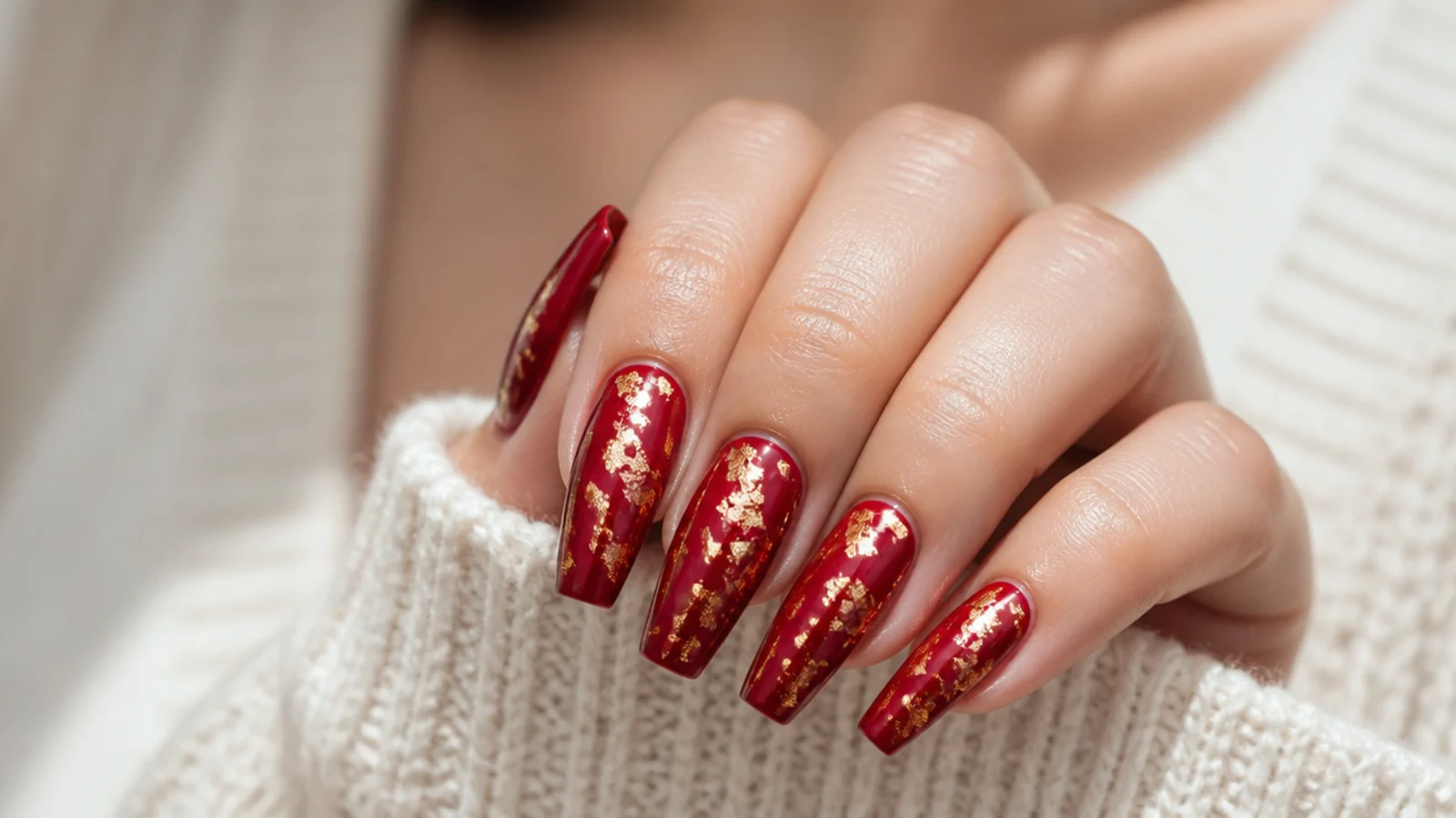 Deep red coffin nails with torn gold leaf foil pressed into the surface