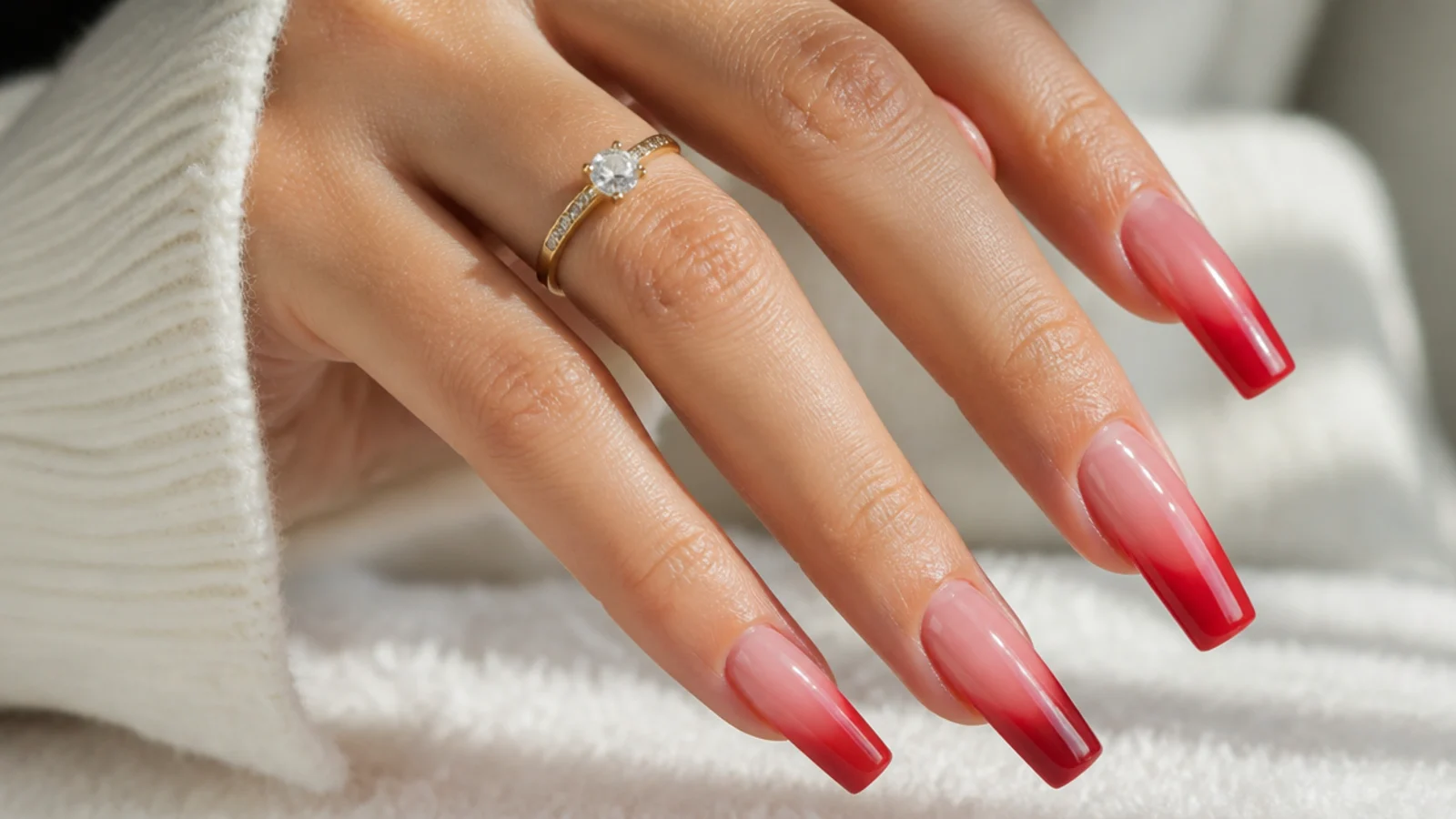 Coffin nails fading from soft pink at the cuticle to deep red at the flat tip