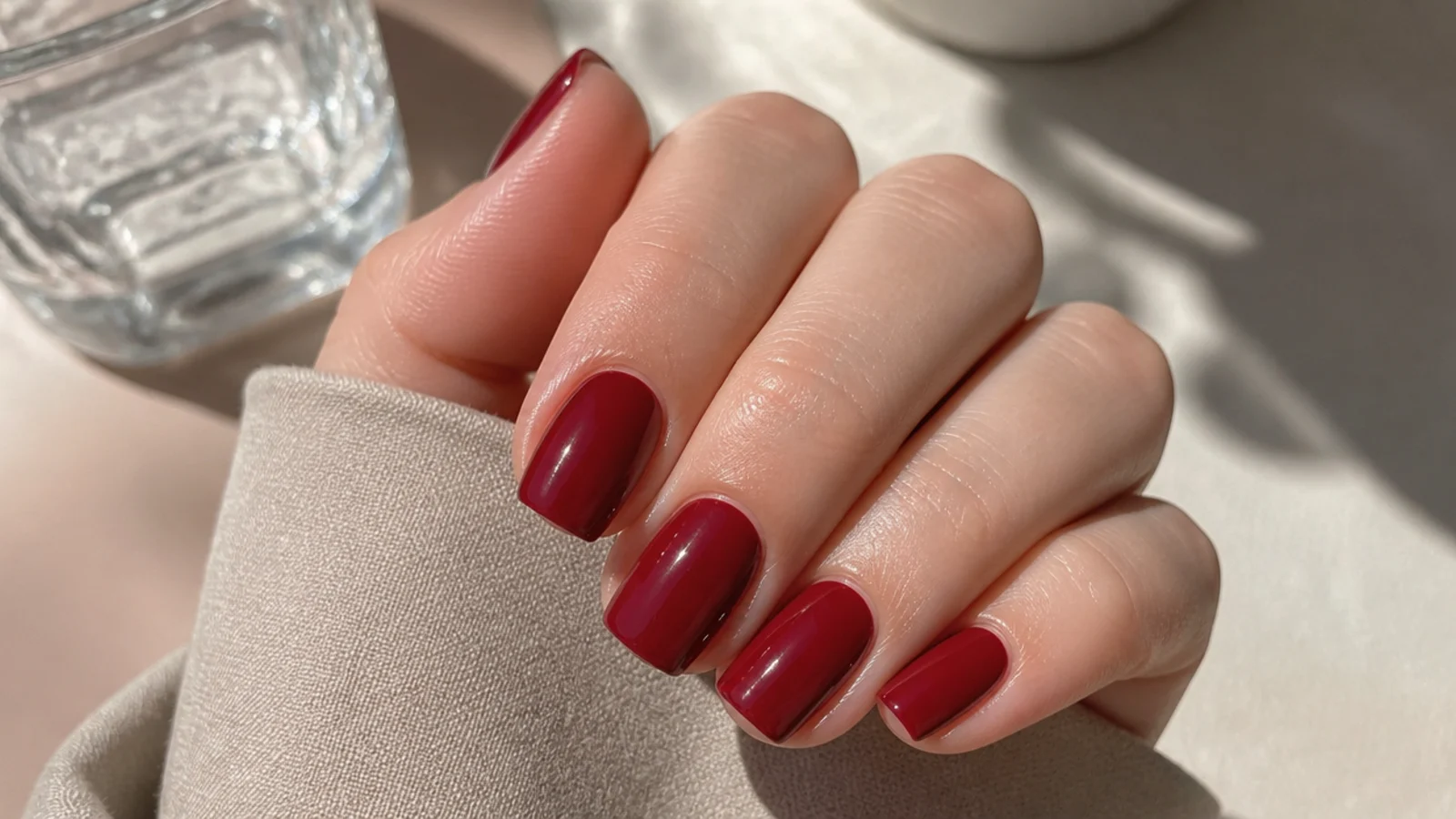 Short red coffin nails at 3mm free edge with a glossy deep red finish