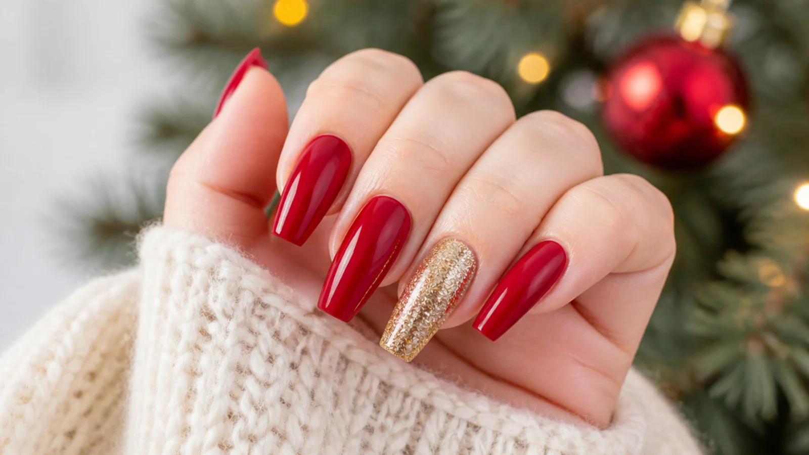 Red coffin nails with gold glitter accent nails for Christmas