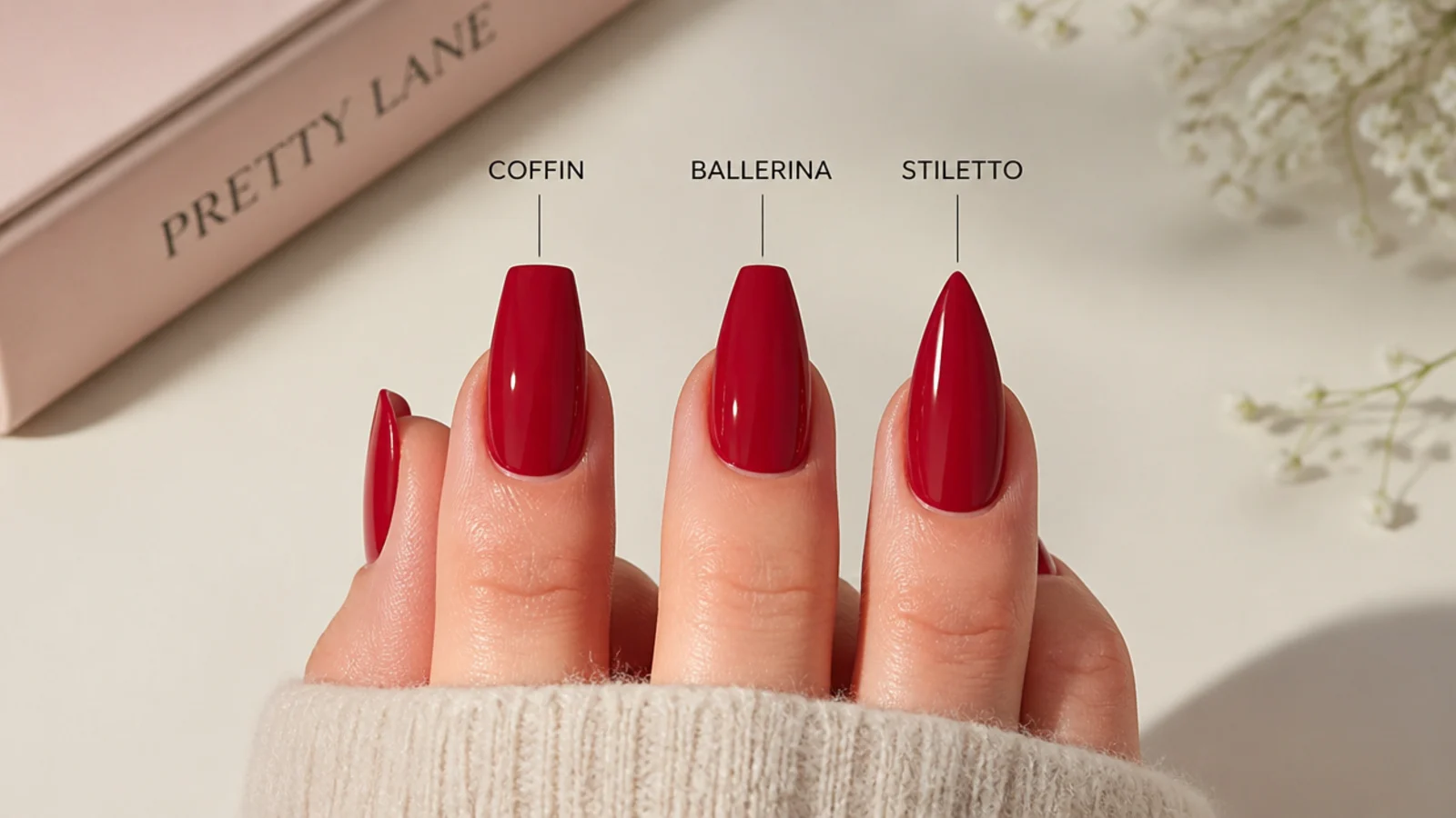 Red nails filed in coffin, ballerina and stiletto shapes shown side by side