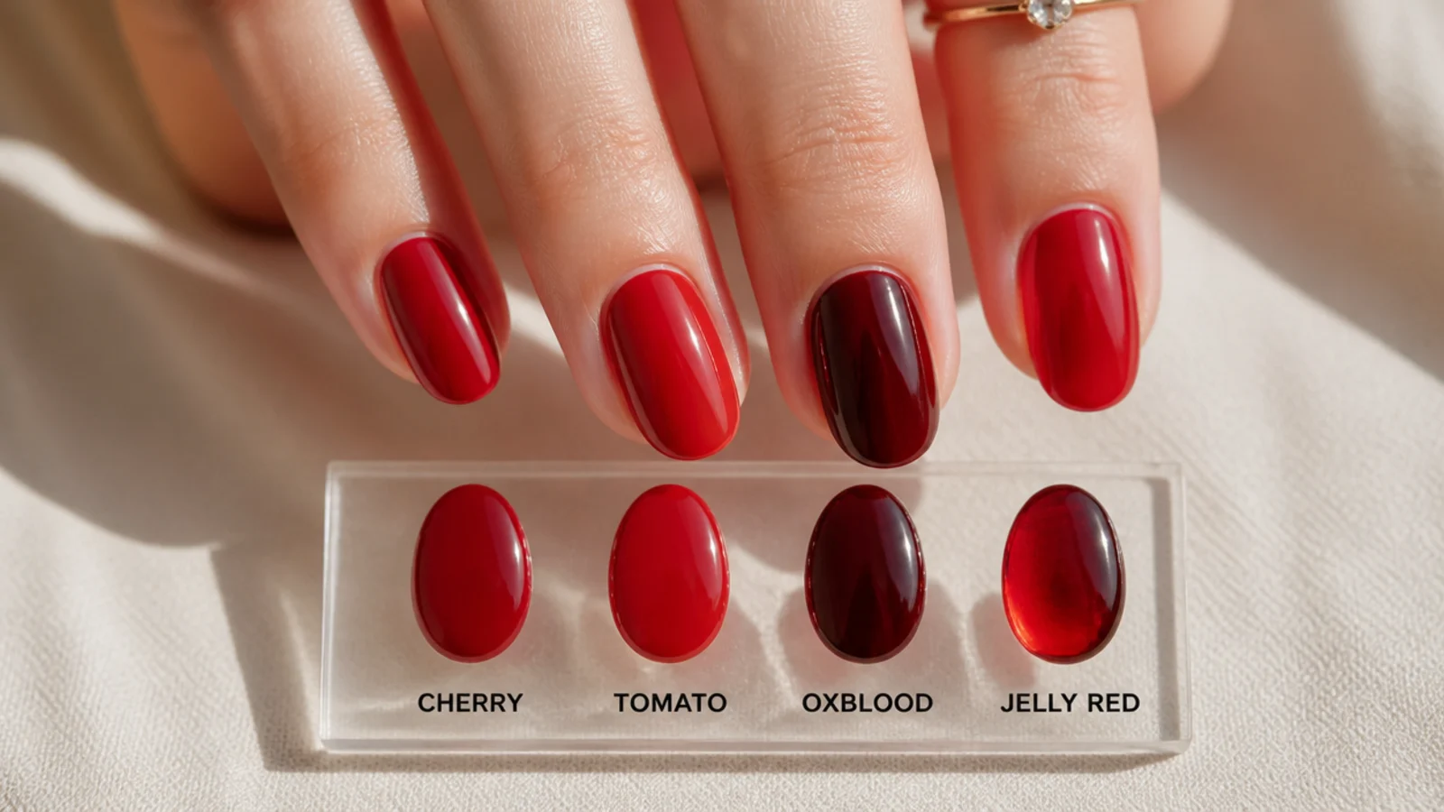 Cherry, tomato, oxblood and jelly red nail swatches lined up side by side
