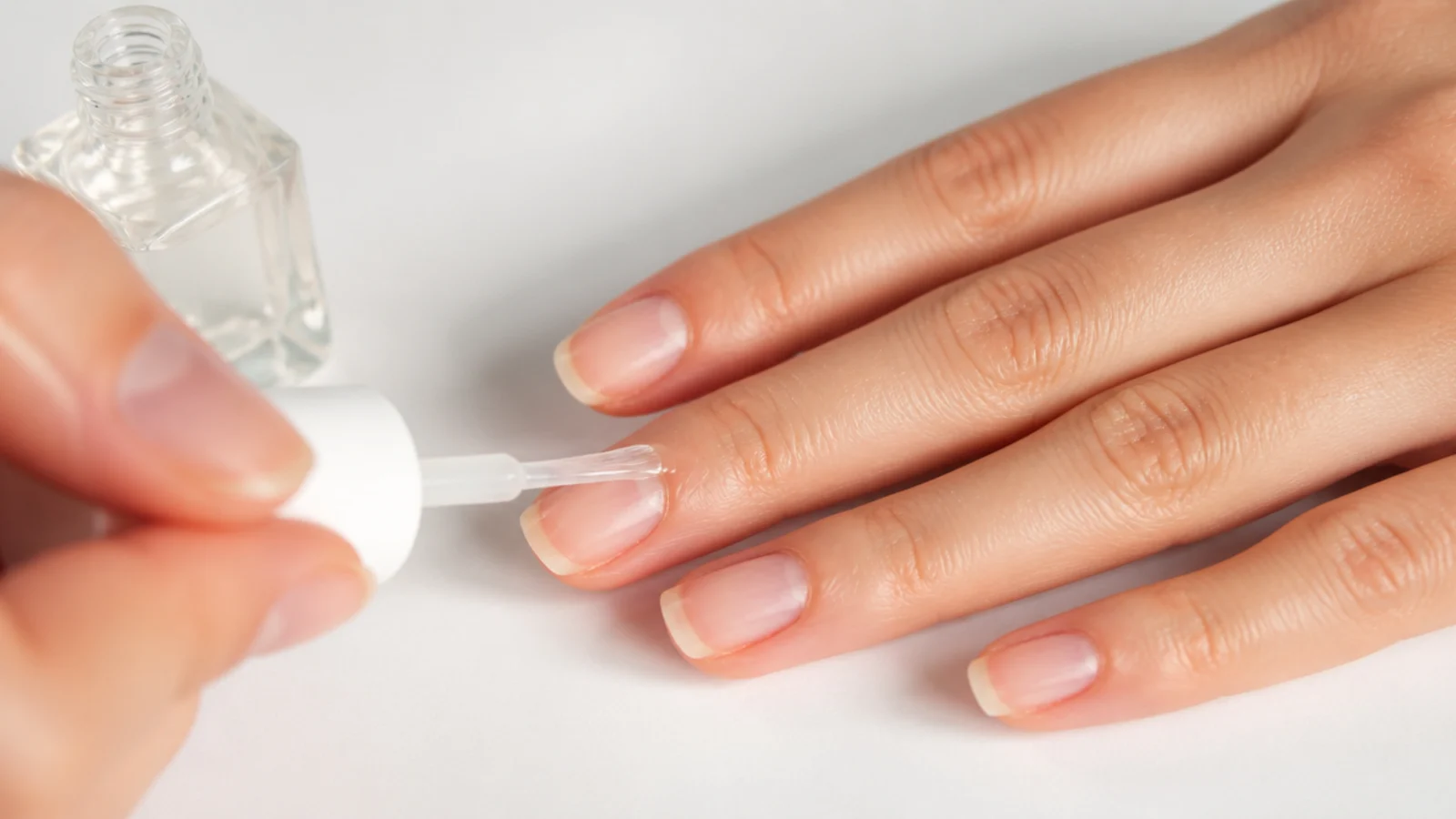 A clear base coat being applied to a bare nail before red polish