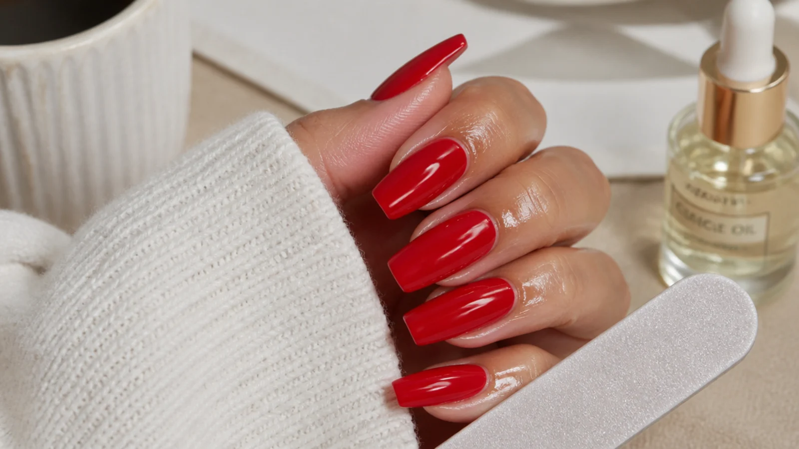 A red coffin manicure with cuticle oil and a nail file for maintenance