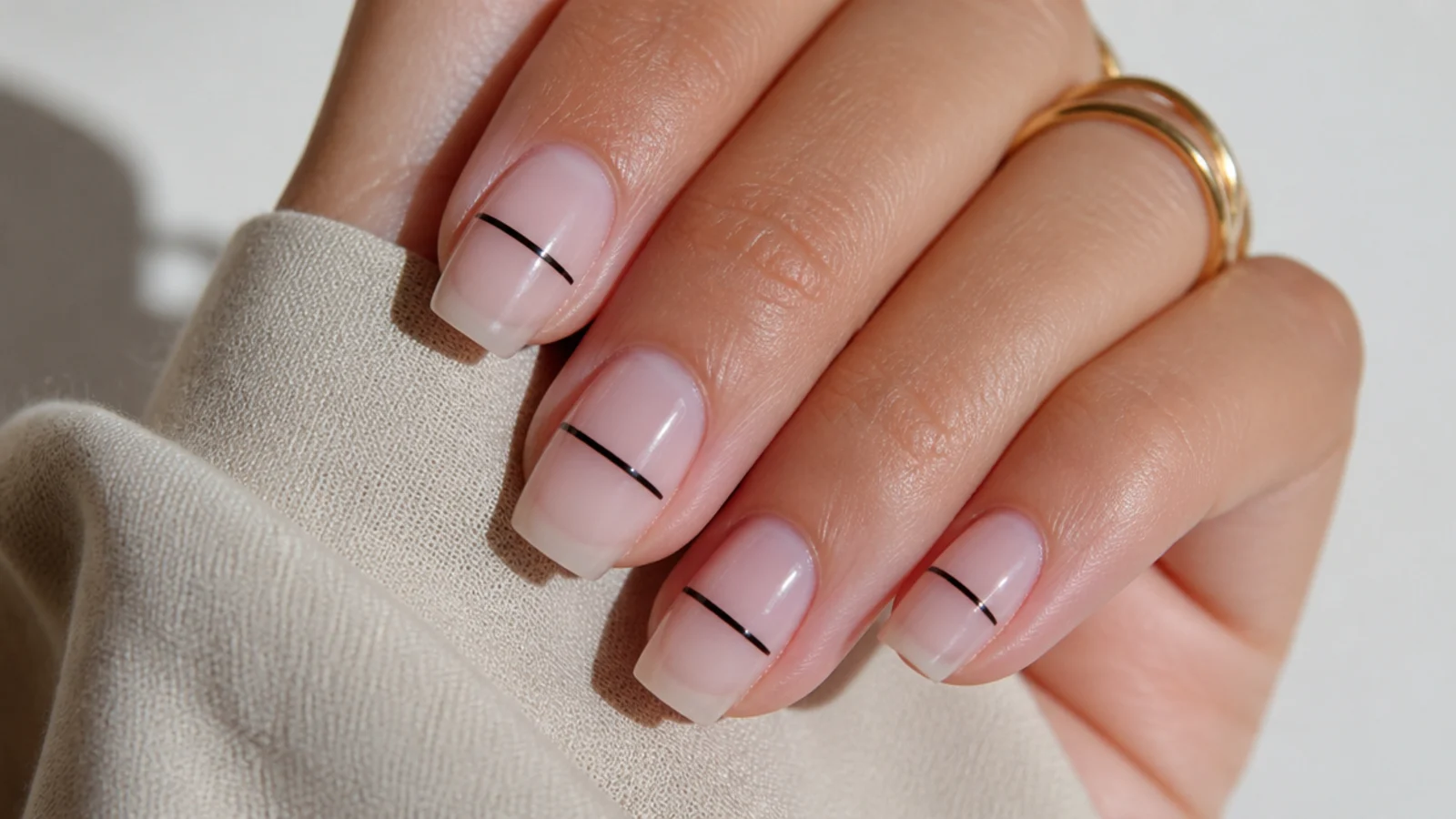 Sheer short coffin nails with a single thin black graphic line across the nail